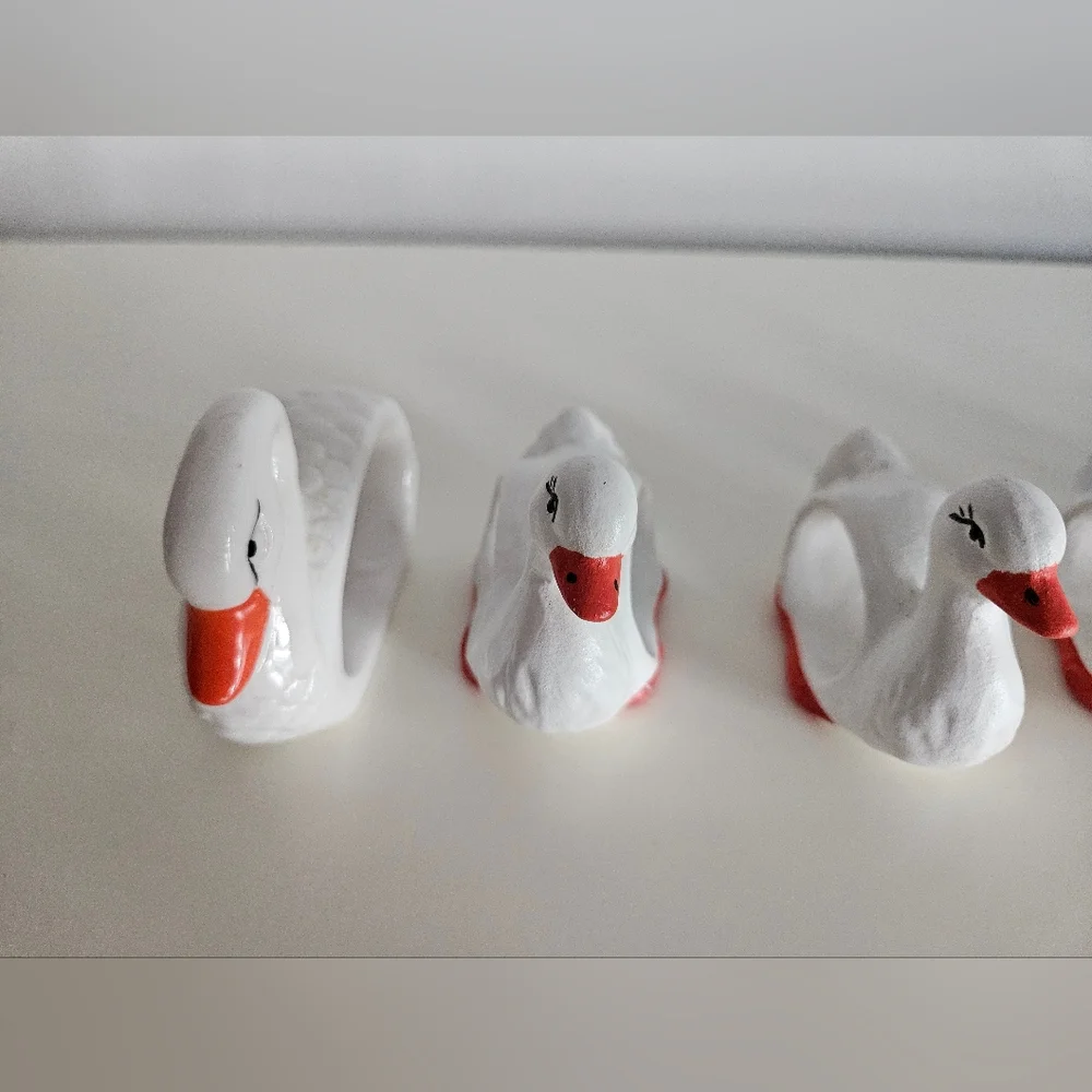 Swan & Ducks White Ceramic Napkin Rings x 6